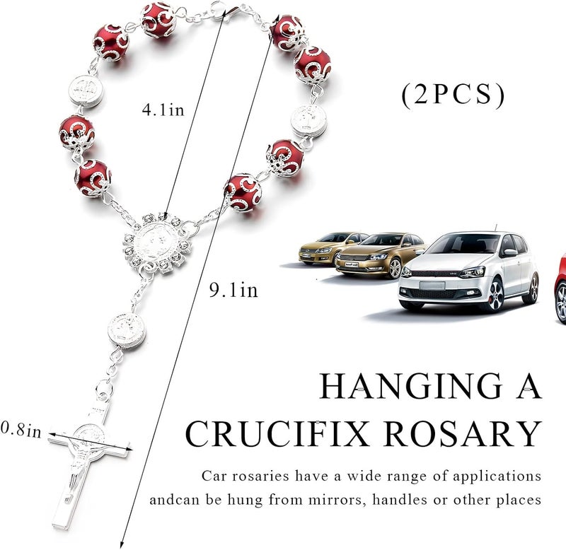 SHMZK 2 PCS Car Rosary for Rearview Mirror, Personalized Blessing Hanging Pendant for Car Rear View Mirror, Cross Rosary Ornament Interior Decor for Most Vehicles, Car Accessories (Red+Blue) - Image 2